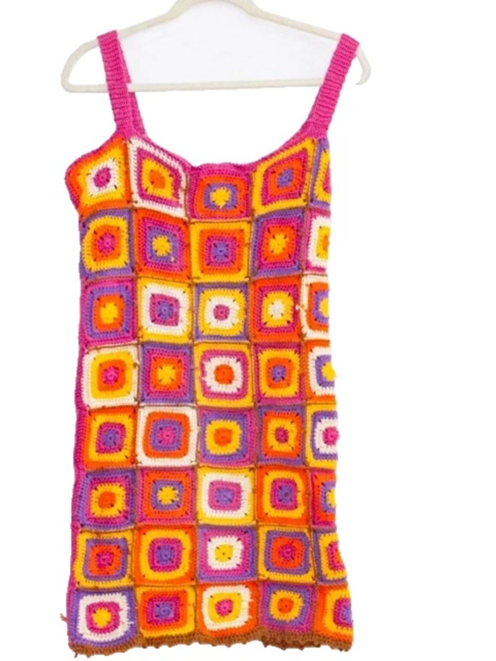 VTG Handmade Crochet Granny Square Colorful 70s Hippie Boho 90s Festival Size S
